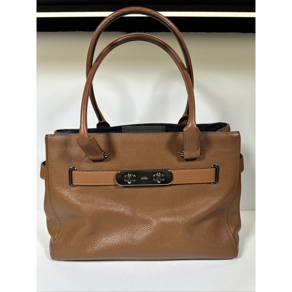 Coach Pebbled Leather Satchel Brown Turn Lock Zip Logo Accent